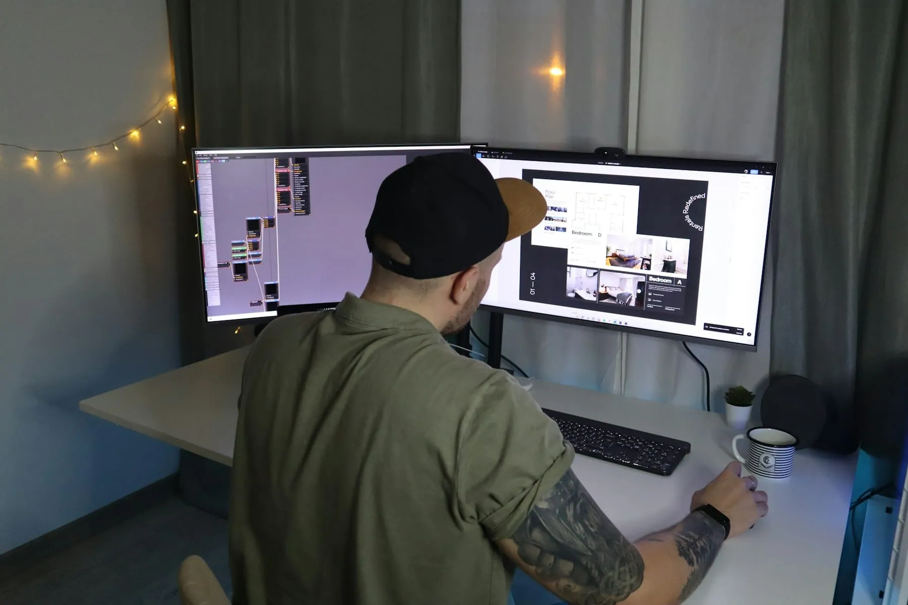 Handen rond een laptop, met houten en keramische productstalen op tafel