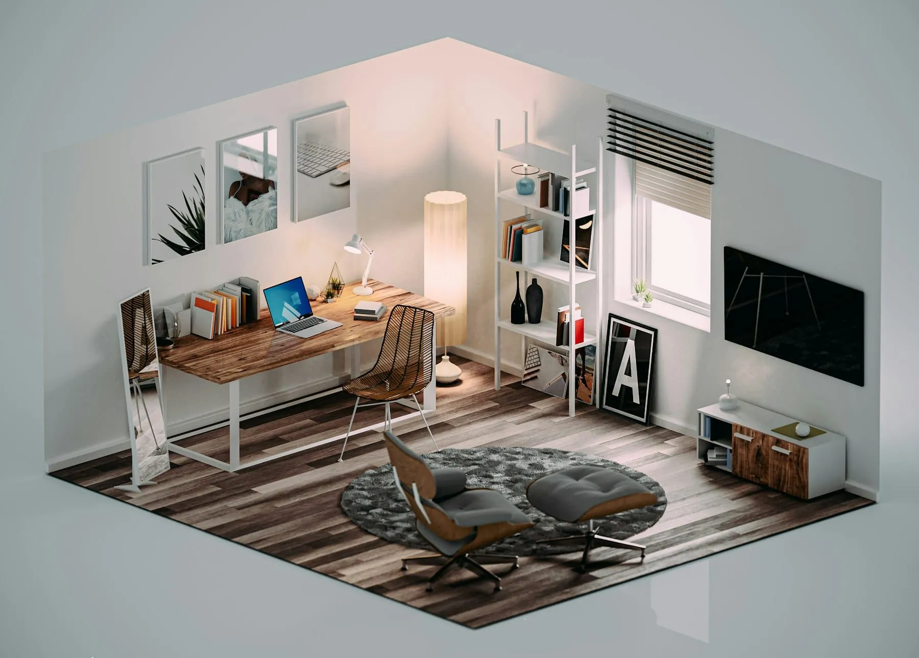 A 3D render of a furnished living room, seen from above