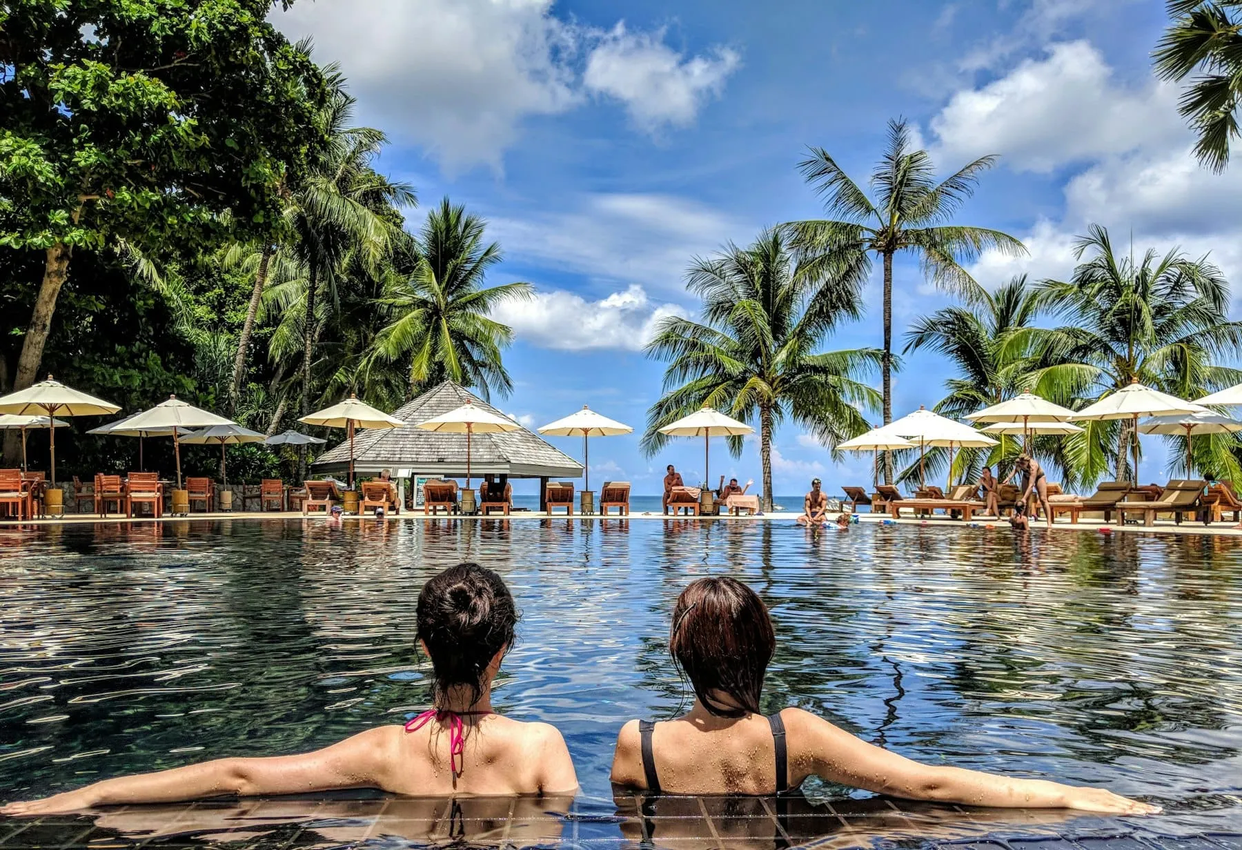 Palm trees and sun loungers beside a resort swimming pool