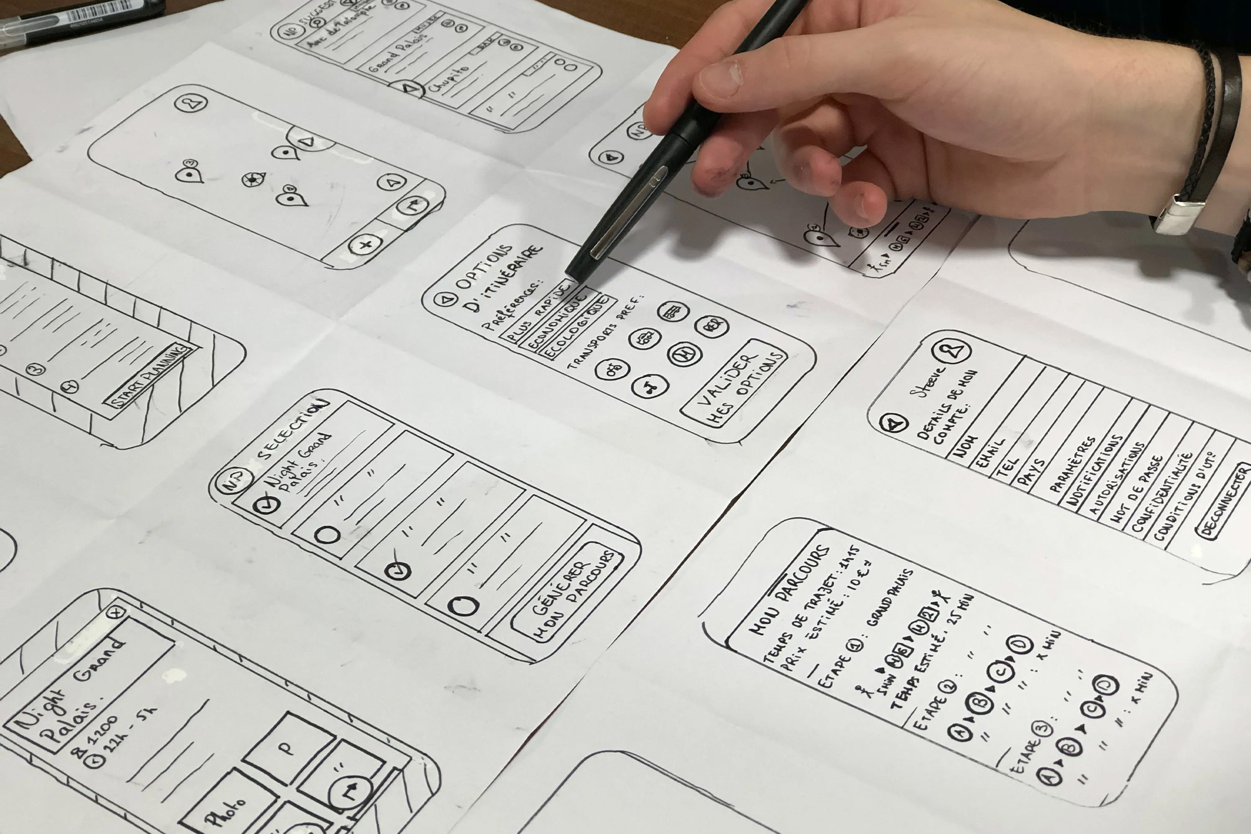 Hand-drawn website wireframes on paper