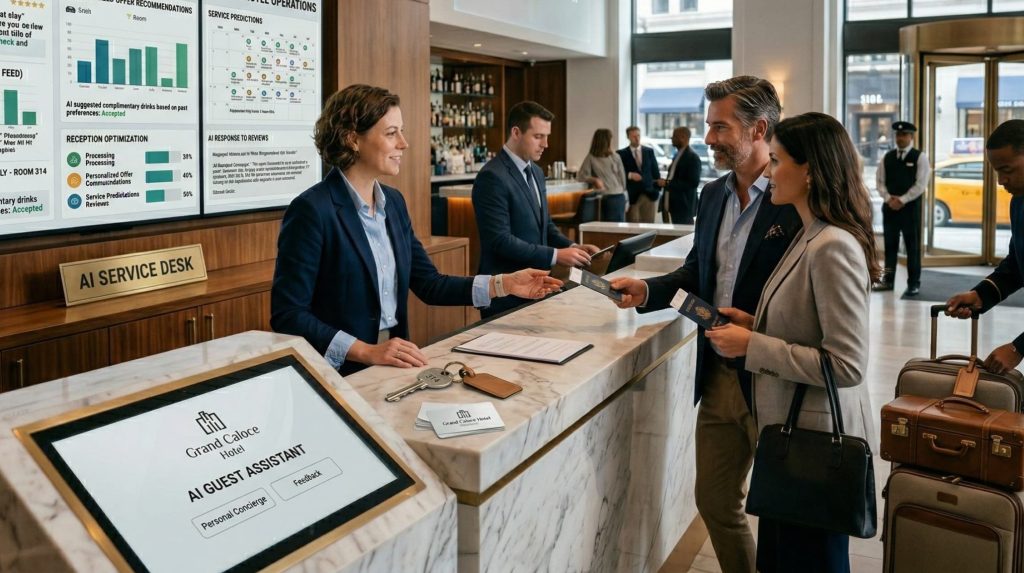 AI for independent hotels — boutique hotel lobby with smart operations
