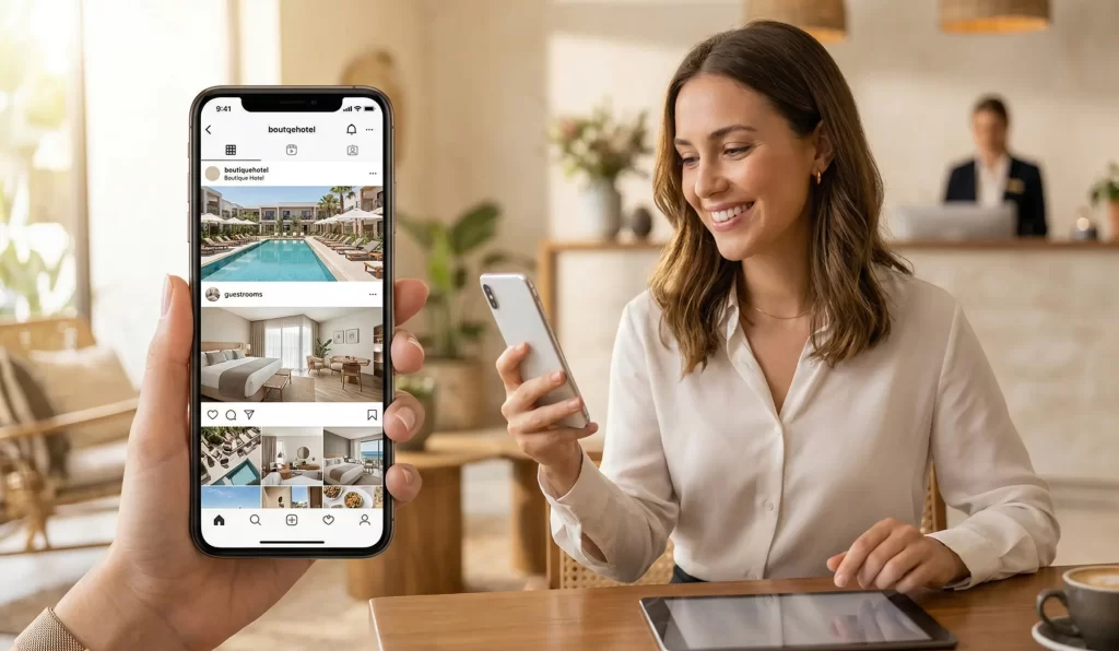 Hotel Instagram marketing strategy — phone showing hotel feed with booking conversion