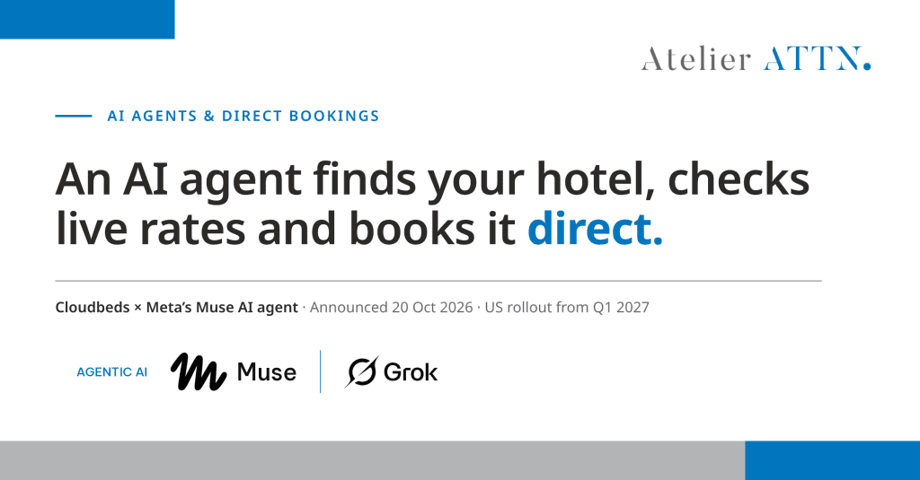Atelier ATTN. graphic: an AI agent finds your hotel, checks live rates and books it direct, with the Meta Muse and Grok logos